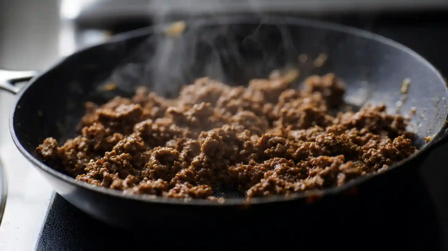 browning-ground-beef-loaded-bacon-cheeseburger-alfredo Browning ground beef in a cast-iron skillet for loaded bacon cheeseburger Alfredo pasta, step-by-step creamy pasta dinner recipe