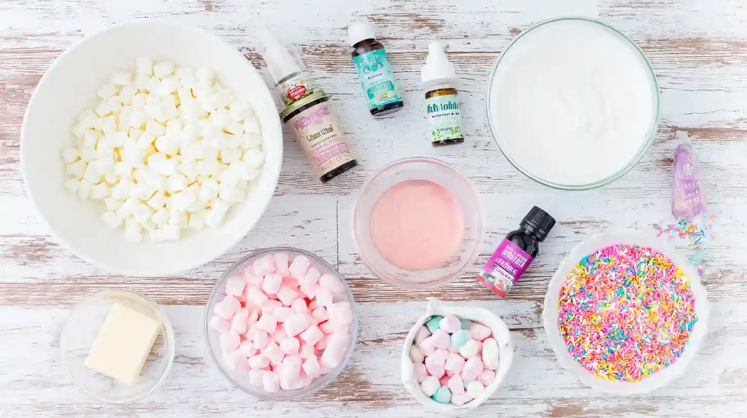 bubblegum-cloud-fudge-ingredients-Image Ingredients for Bubblegum Cloud Fudge recipe, a fun dessert for kids and easy dessert recipes for families