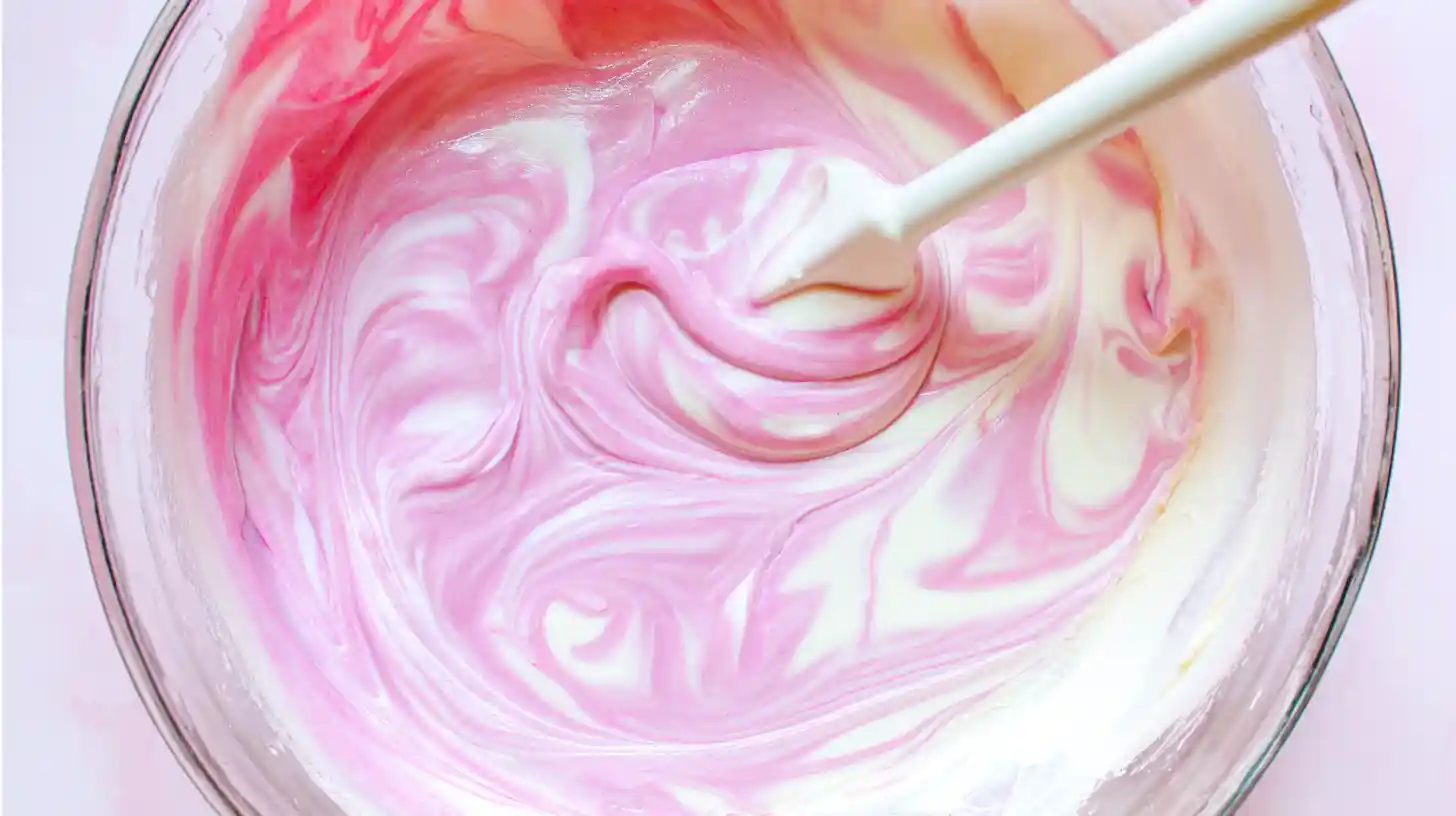 bubblegum-cloud-fudge-step3-flavor-color Swirling pink and white fudge for Bubblegum Cloud Fudge recipe, a pink fudge dessert and holiday candy recipe for kids parties