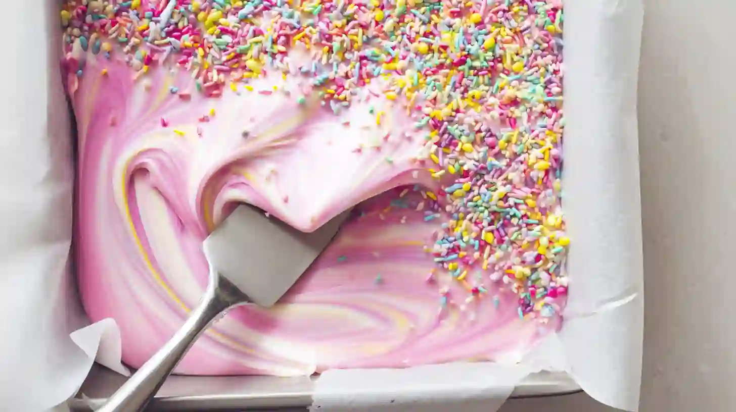 bubblegum-cloud-fudge-step5-pour-top Pouring and topping Bubblegum Cloud Fudge recipe with sprinkles, a pink fudge dessert and holiday candy recipe perfect for kids