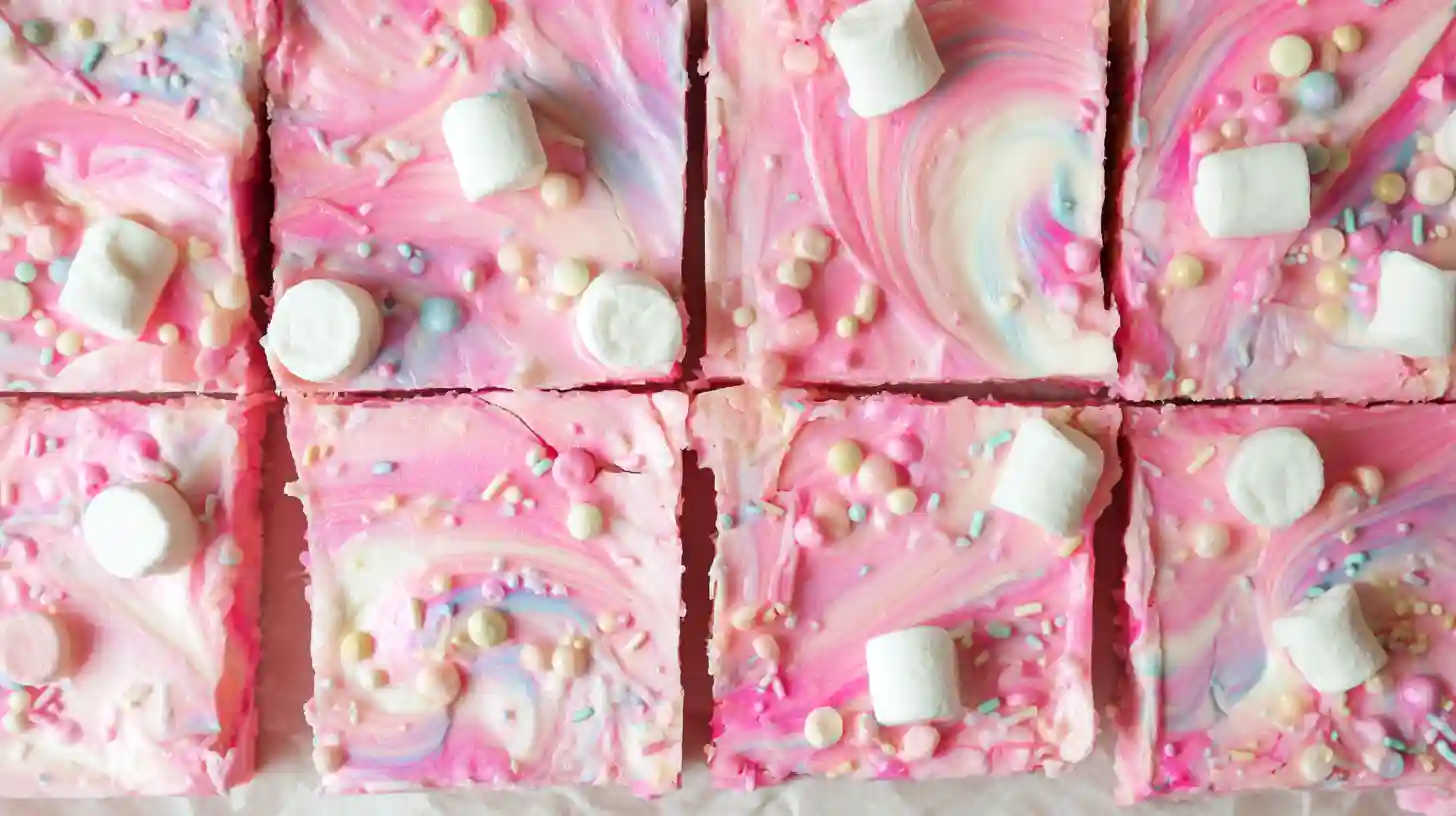bubblegum-cloud-fudge-step6-chill-cut Chilled and cut Bubblegum Cloud Fudge recipe squares, a pink fudge dessert for holiday candy recipes and easy dessert recipes for families