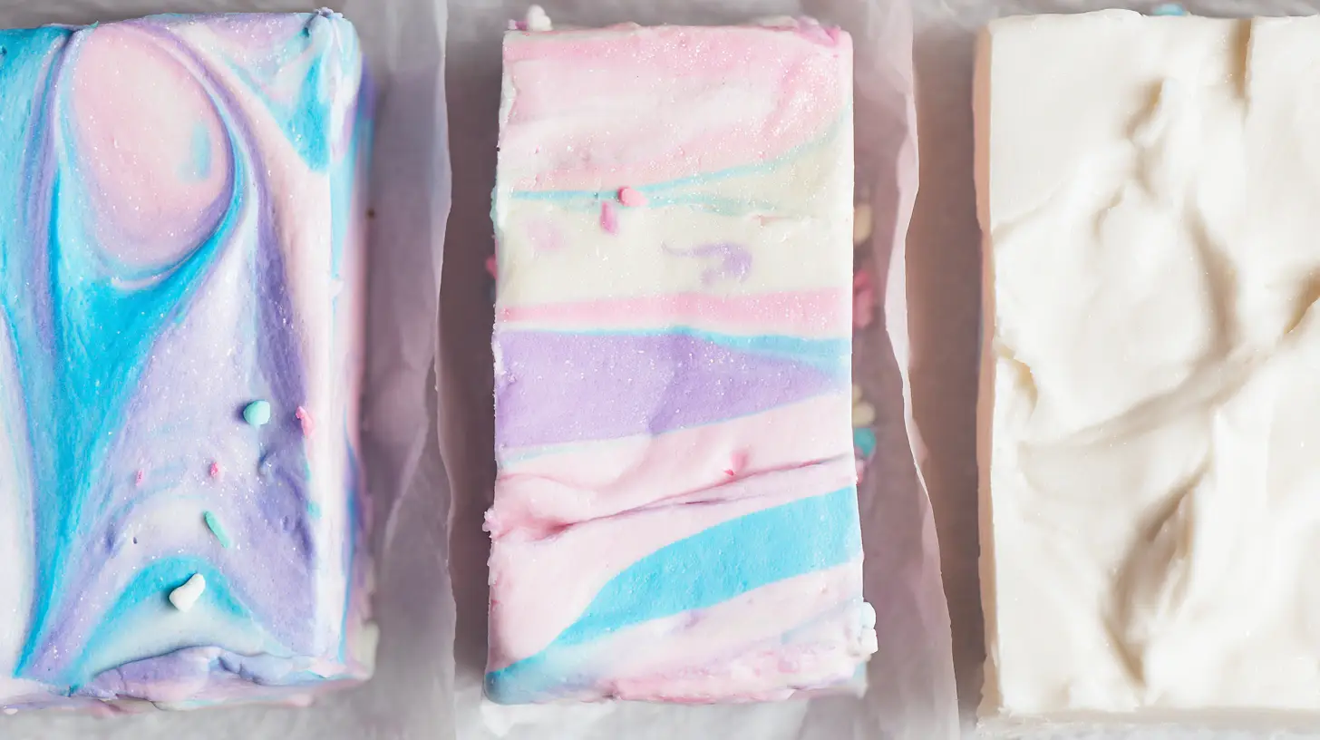 bubblegum-cloud-fudge-variations Bubblegum Cloud Fudge variations including cotton candy swirl, unicorn rainbow, and sugar-free fudge, a pink fudge dessert and holiday candy recipe for families