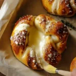 Brushing butter on mozzarella stuffed soft pretzels – best homemade pretzel recipe with marinara