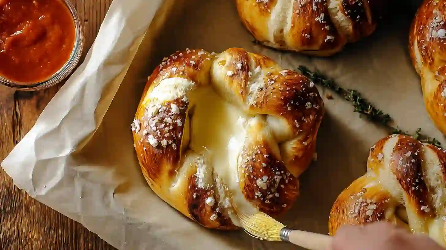buttered-soft-pretzels-mozzarella-stuffed-easy Brushing butter on mozzarella stuffed soft pretzels – best homemade pretzel recipe with marinara