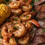 Cajun Shrimp and Steak Feast Recipe with shrimp, steak, corn, and rice