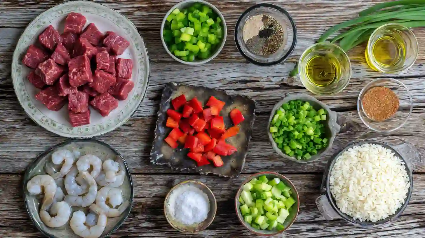 cajun-shrimp-and-steak-feast-ingredients-Image Fresh ingredients for Cajun Shrimp and Steak Feast Recipe