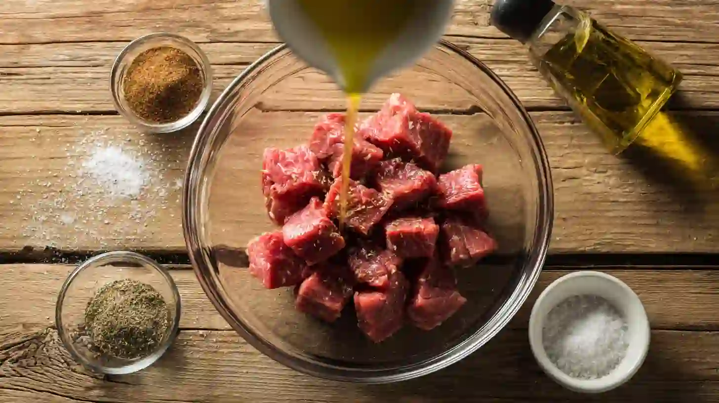 cajun-shrimp-steak-feast-step1-prep-steak Best steak cuts for grilling tossed with olive oil and Cajun seasoning for skillet Cajun steak and shrimp, first step in healthy Cajun shrimp and steak dinner.