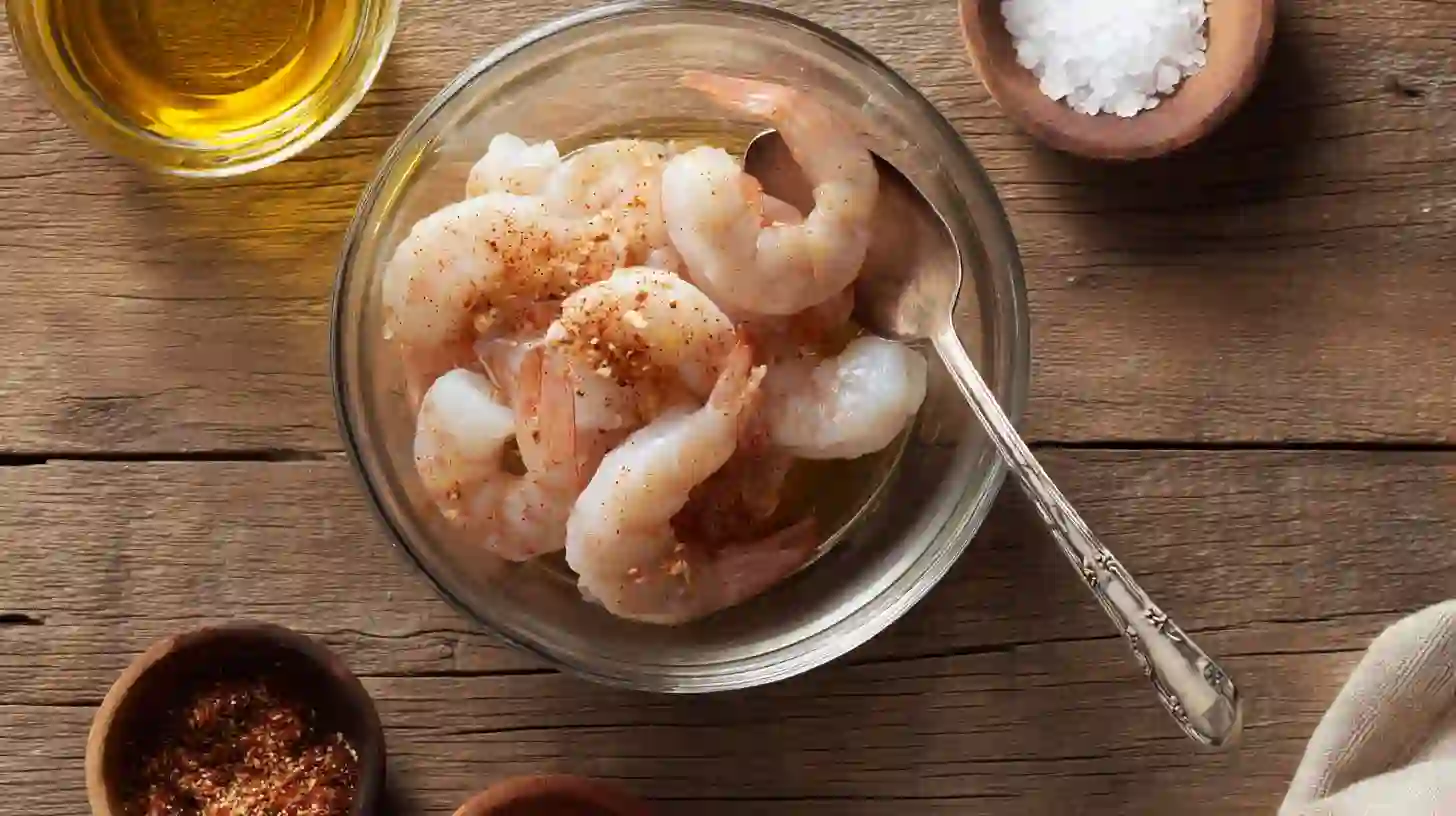 cajun-shrimp-steak-feast-step2-season-shrimp Easy dinner recipes for families with skillet Cajun steak and shrimp, raw shrimp coated in olive oil and Cajun seasoning for a healthy Cajun shrimp and steak dinner.