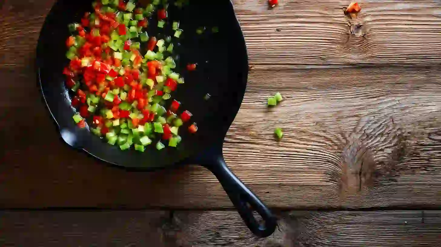 cajun-shrimp-steak-feast-step3-saute-veggies Skillet Cajun steak and shrimp recipe with bell peppers and celery sautéed, a base for healthy Cajun shrimp and steak dinner and easy dinner recipes for families.
