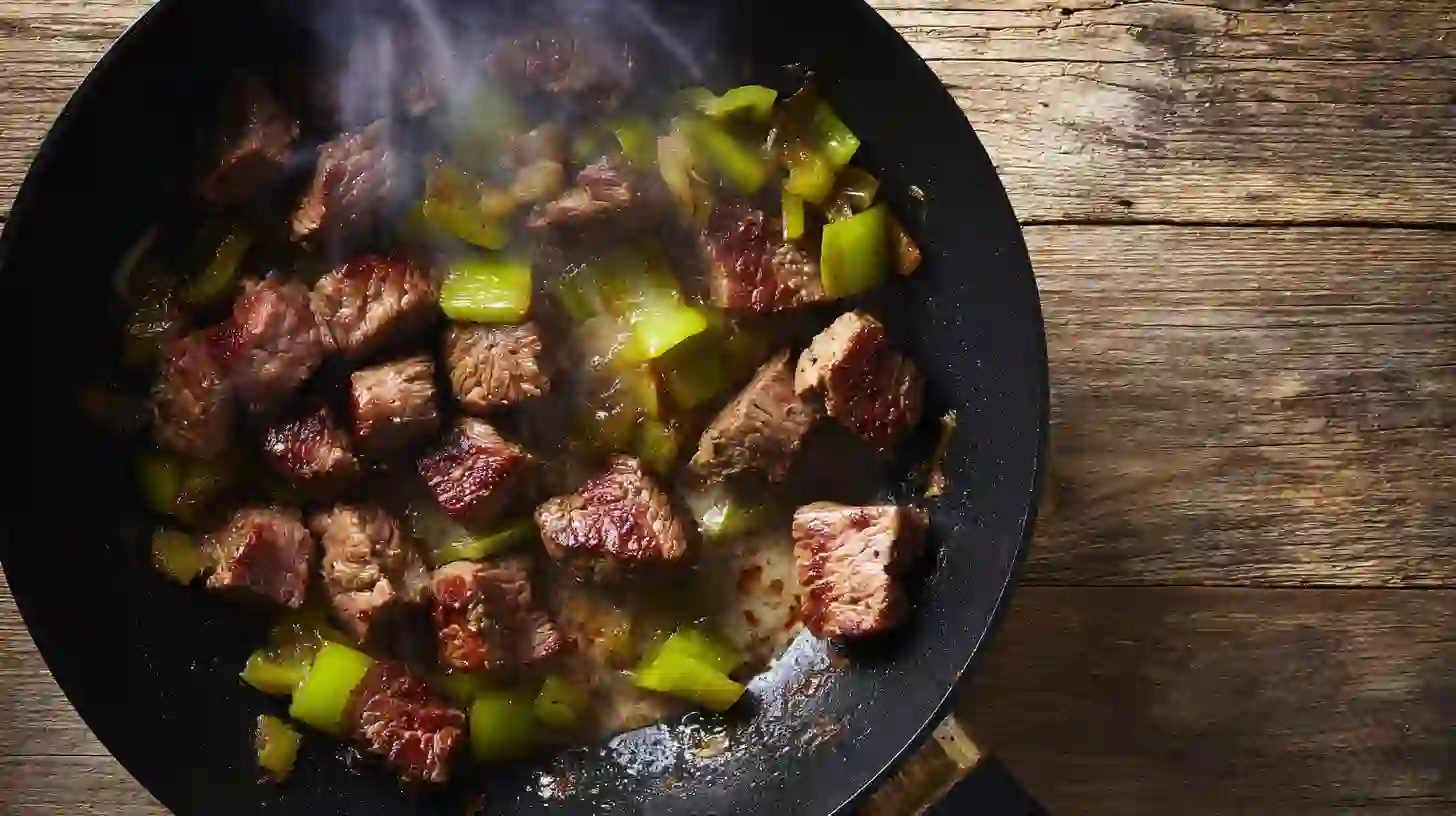 cajun-shrimp-steak-feast-step4-cook-steak Best steak cuts for grilling seared in a skillet Cajun steak and shrimp recipe, juicy bites for a healthy Cajun shrimp and steak dinner.
