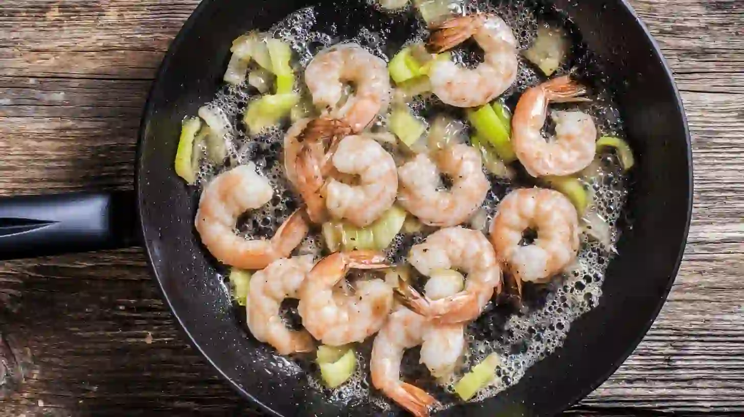 cajun-shrimp-steak-feast-step5-cook-shrimp Easy dinner recipes for families with skillet Cajun steak and shrimp, juicy shrimp cooking until pink for a healthy Cajun shrimp and steak dinner.