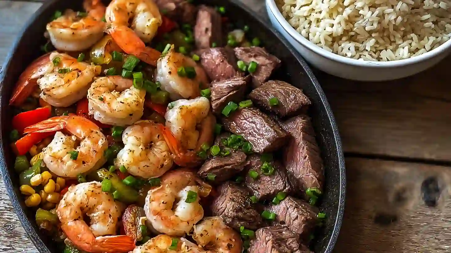cajun-shrimp-steak-feast-step6-combine-serve Healthy Cajun shrimp and steak dinner with skillet Cajun steak and shrimp served over rice, perfect for easy dinner recipes for families.