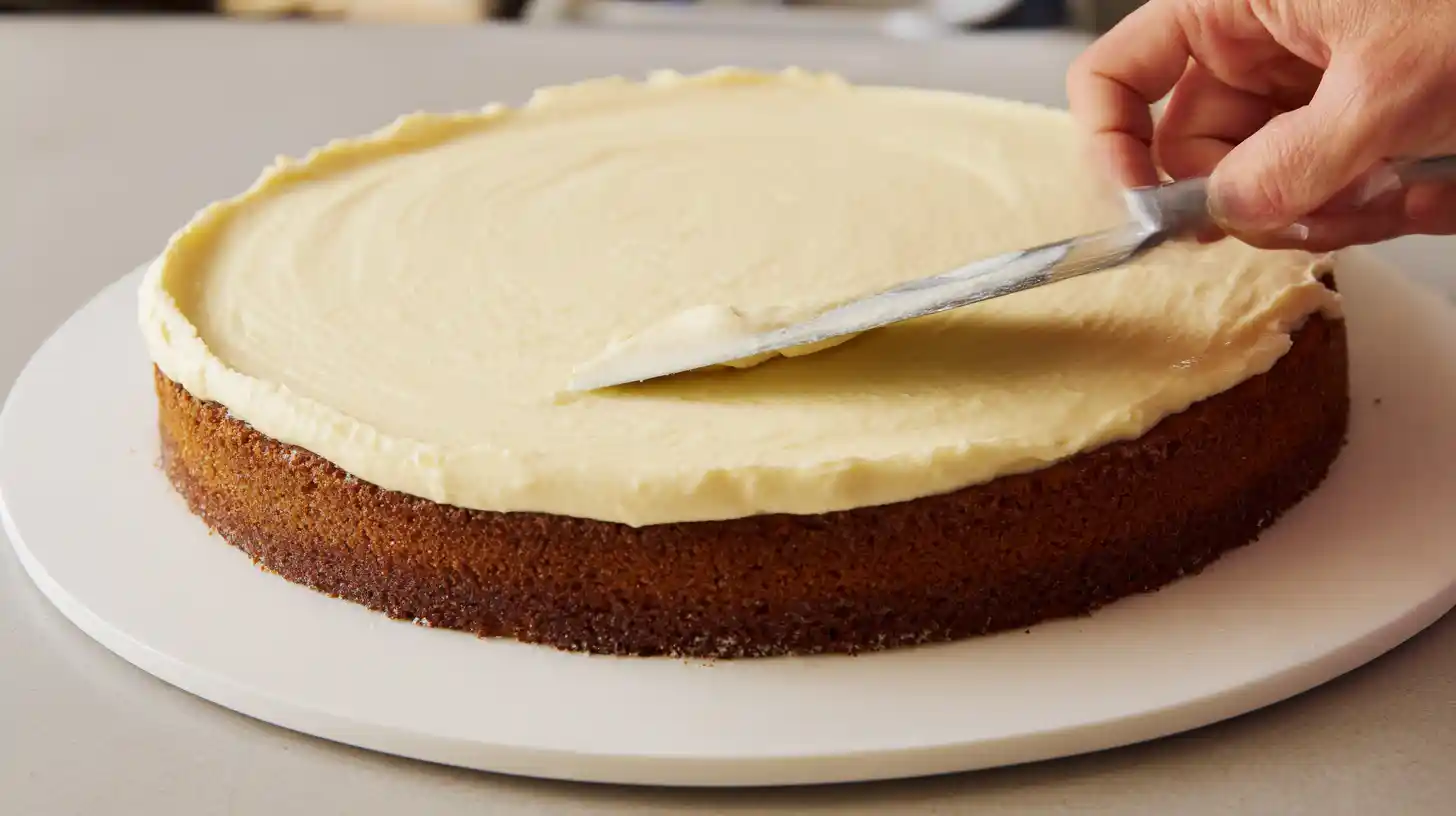 caramel-butter-pecan-praline-poke-cake-step-4-creamy-filling Cream cheese filling spread over butter pecan cake layer, a key step in family-friendly desserts and comfort food recipes for busy nights