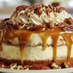 Finished caramel butter pecan praline poke cake stacked and topped with whipped cream, pecans, and caramel drizzle, the perfect holiday butter pecan praline dessert recipe and easy poke cake with pecans