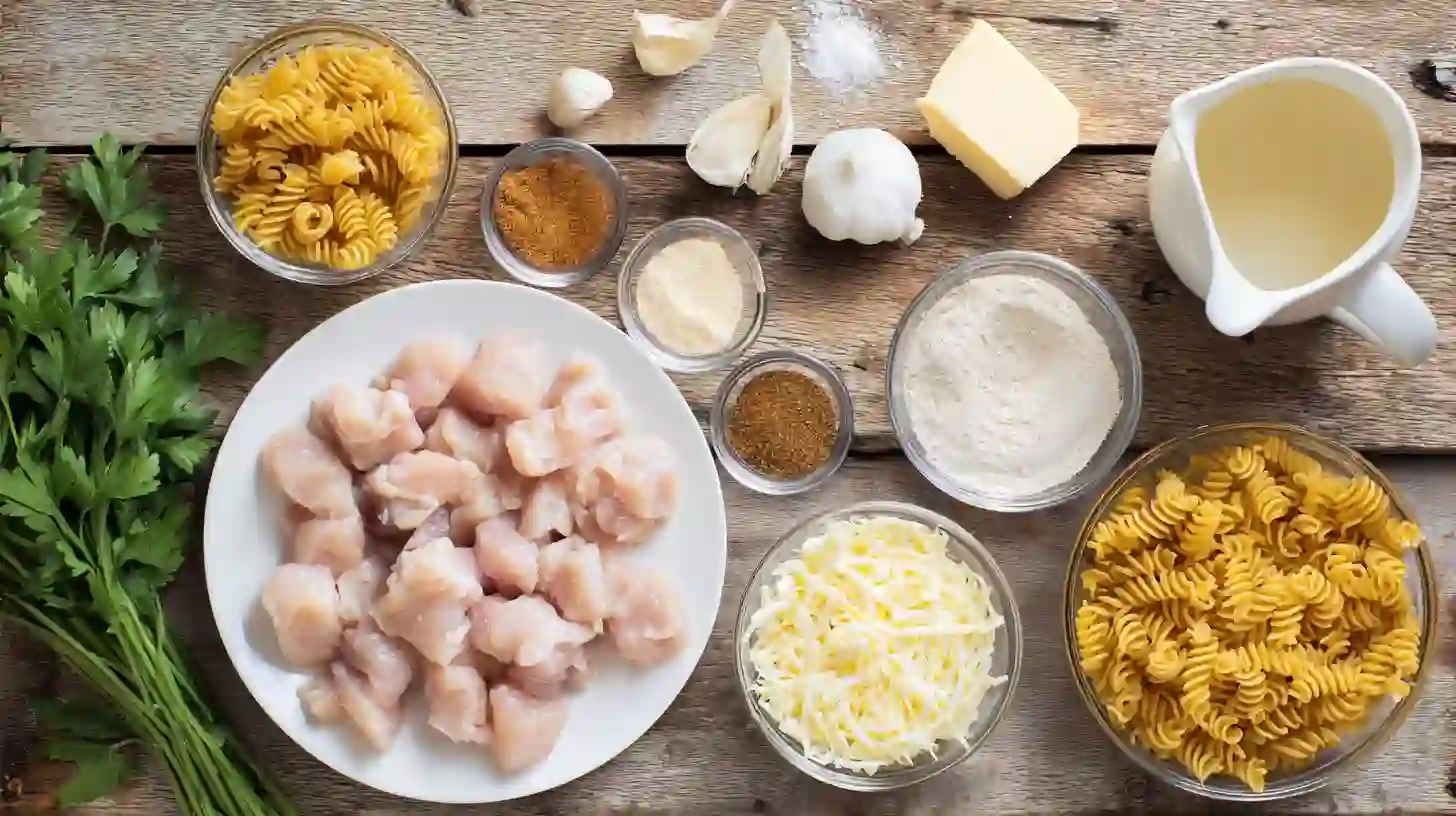 cheesy-cajun-garlic-chicken-rotini-skillet-ingredients-Image Cheesy Cajun Garlic Chicken Rotini Skillet ingredients – healthy chicken skillet meals, best pasta pots for family dinners, creamy Cajun pasta recipe prep