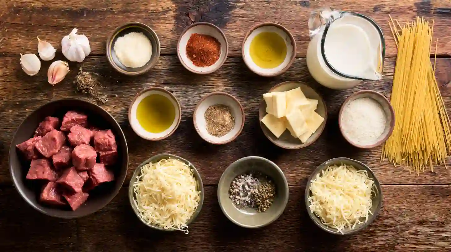 cheesy-garlic-steak-bites-and-creamy-linguine-ingredients-Image Ingredients for cheesy garlic steak bites and creamy linguine, easy steak dinner recipes and creamy pasta recipes for families