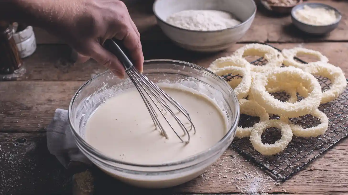 cheesy-mozzarella-onion-rings-batter-preparation Cheesy Mozzarella Onion Rings batter preparation – crispy fried snacks recipe step