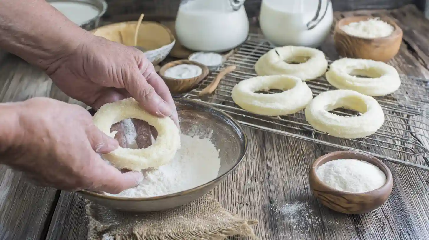cheesy-mozzarella-onion-rings-first-flour-coat Cheesy Mozzarella Onion Rings first flour coat – crispy fried snacks recipe step