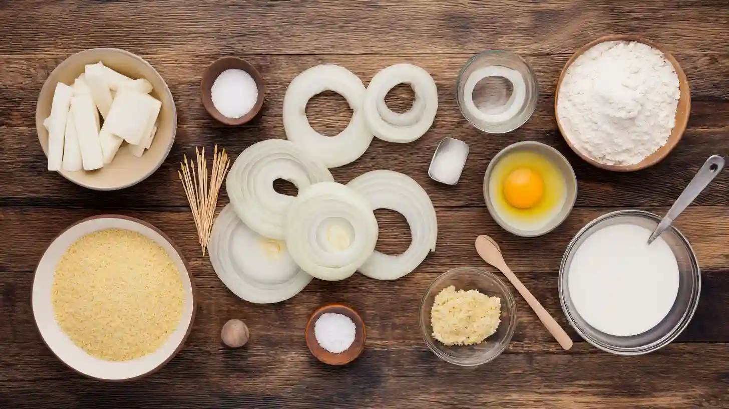 cheesy-mozzarella-onion-rings-ingredients Ingredients for Cheesy Mozzarella Onion Rings – crispy fried snacks recipe setup