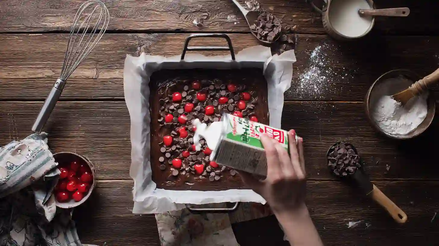 cherry-magic-bars-step-5-dessert-topping Topping chocolate dessert bars with maraschino cherries and condensed milk – quick desserts for busy moms