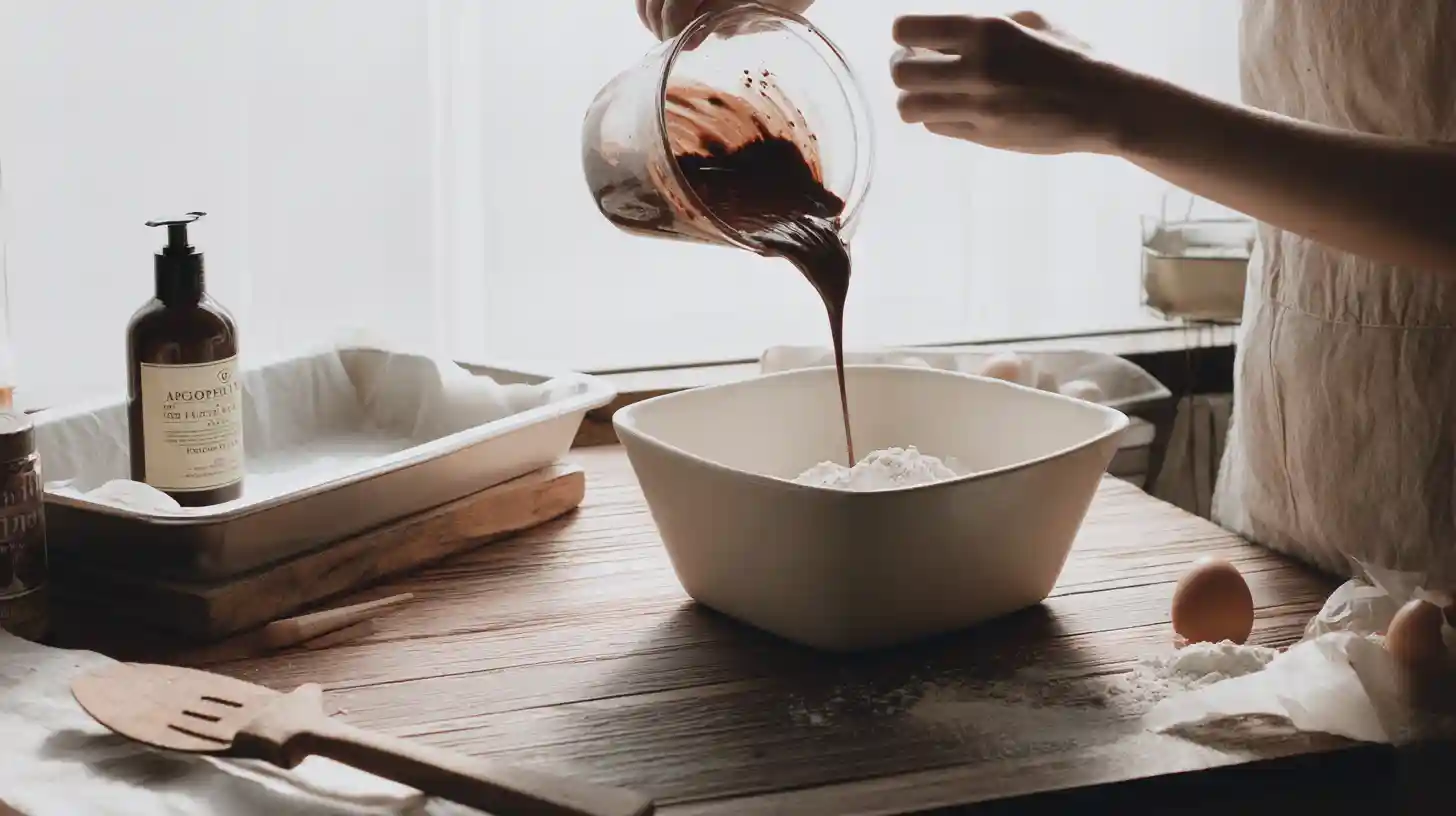 chocolate-covered-cherry-magic-bars-step-4-batter Mixing melted chocolate with dry cocoa mix for homemade chocolate cherry magic bars – best family dessert ideas