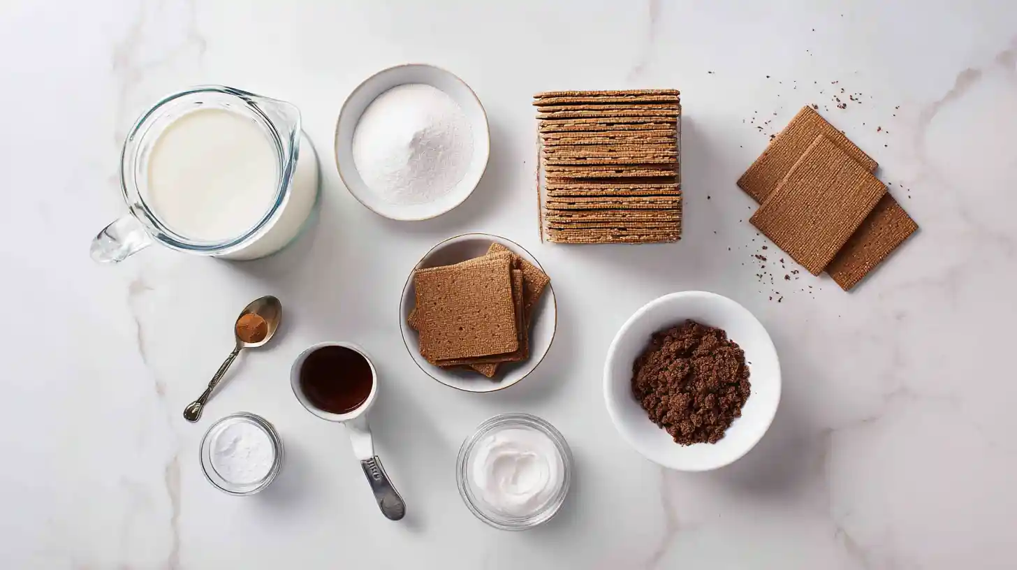 chocolate-dreams-in-an-icebox-ingredients-Image Ingredients for Chocolate Dreams in an Icebox – heavy cream, powdered sugar, vanilla extract, chocolate graham crackers, and chocolate garnish – easy no-bake dessert