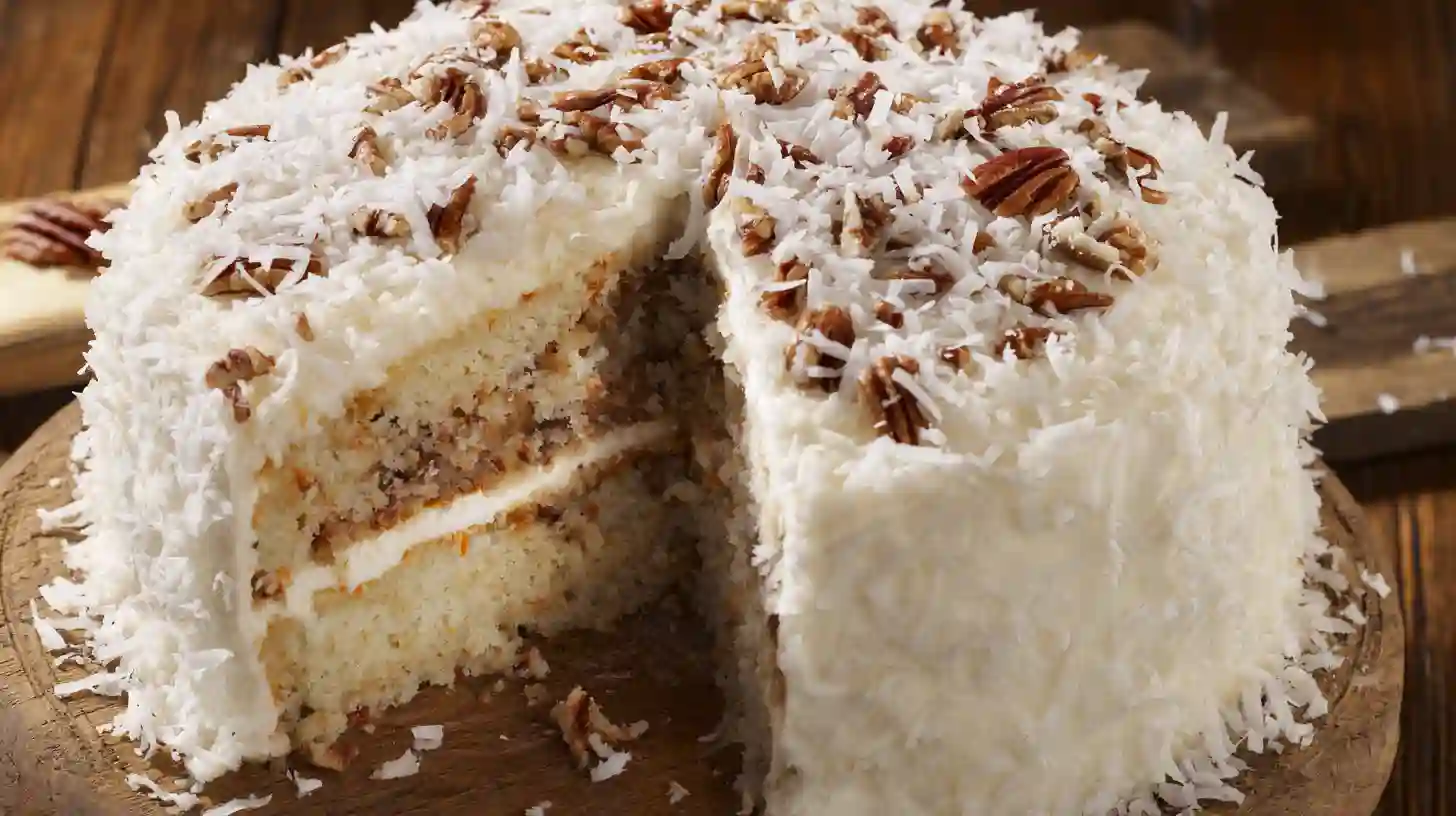 coconut-pecan-buttermilk-cake-step6-spread-serve Coconut Pecan Buttermilk Cake recipe step – frosted cake sliced and ready to serve for comfort food recipes for busy nights and holiday coconut cakes