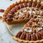 Coconut Pecan Stupid Pie recipe with pecans and coconut topping in flaky crust