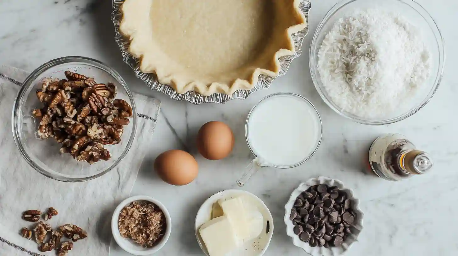 coconut-pecan-stupid-pie-ingredients-image Coconut Pecan Stupid Pie ingredients on a kitchen counter