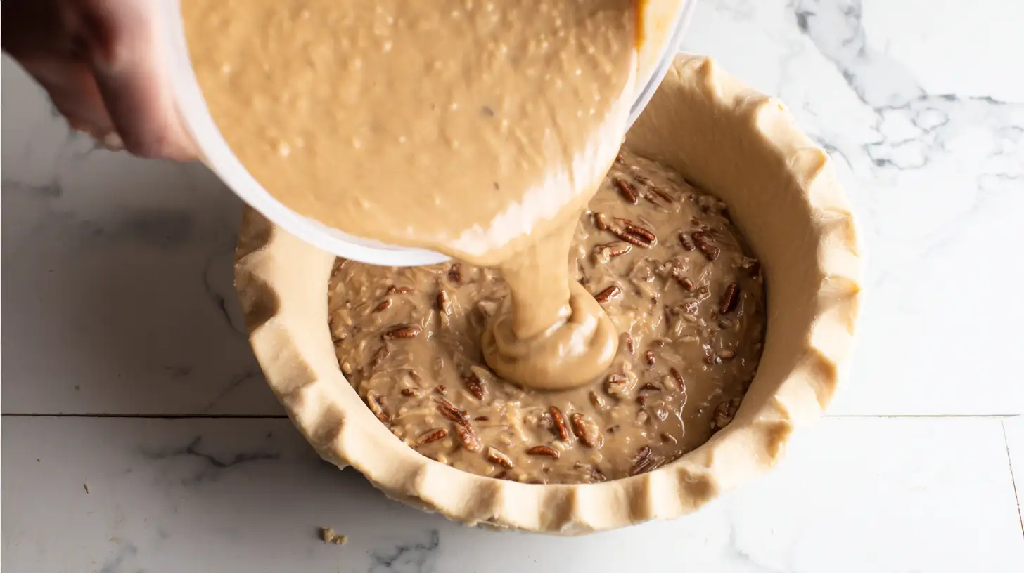 coconut-pecan-stupid-pie-step-2-pour-and-bake Coconut Pecan Stupid Pie batter poured into crust – no-fail holiday pies, easy pie recipes with pre-made crust, comfort food recipes for busy nights