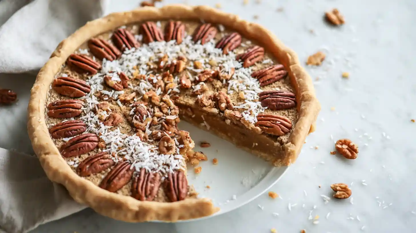 coconut-pecan-stupid-pie-step-3-cool-and-wait Coconut Pecan Stupid Pie cooling on countertop – easy low-sugar coconut dessert recipes, budget-friendly holiday meal planning, comfort food recipes for busy nights