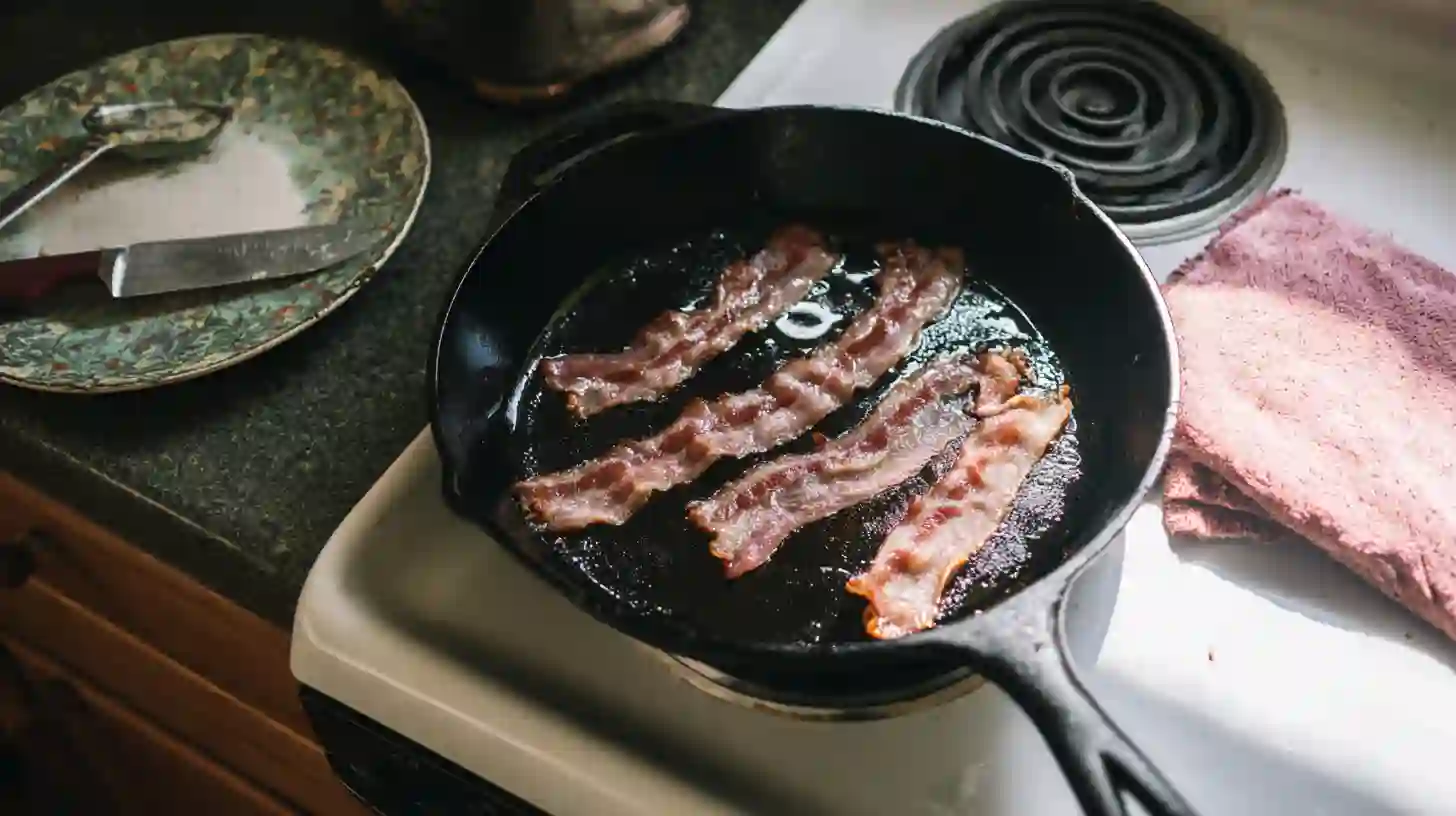 cook-bacon-bacon-strawberry-shortcake-burger Sizzling thick-cut bacon in skillet for Bacon Strawberry Shortcake Burger – perfect for homemade bacon recipes and easy skillet meals