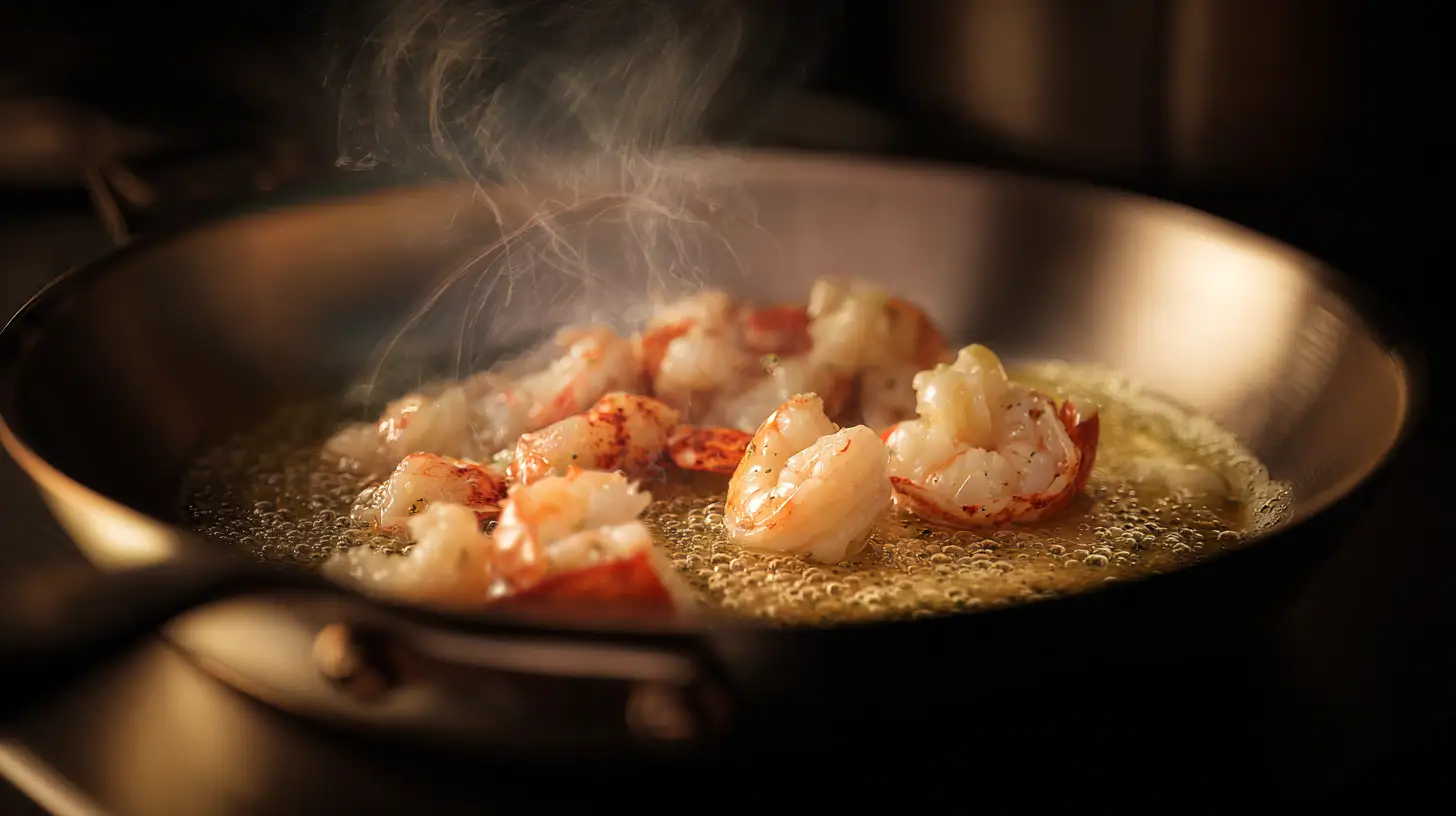 cooking-shrimp-lobster-butter-garlic-surf-turf Cooking shrimp and lobster in garlic butter for Easy Filet Mignon Shrimp Lobster – fine dining surf and turf recipe at home.