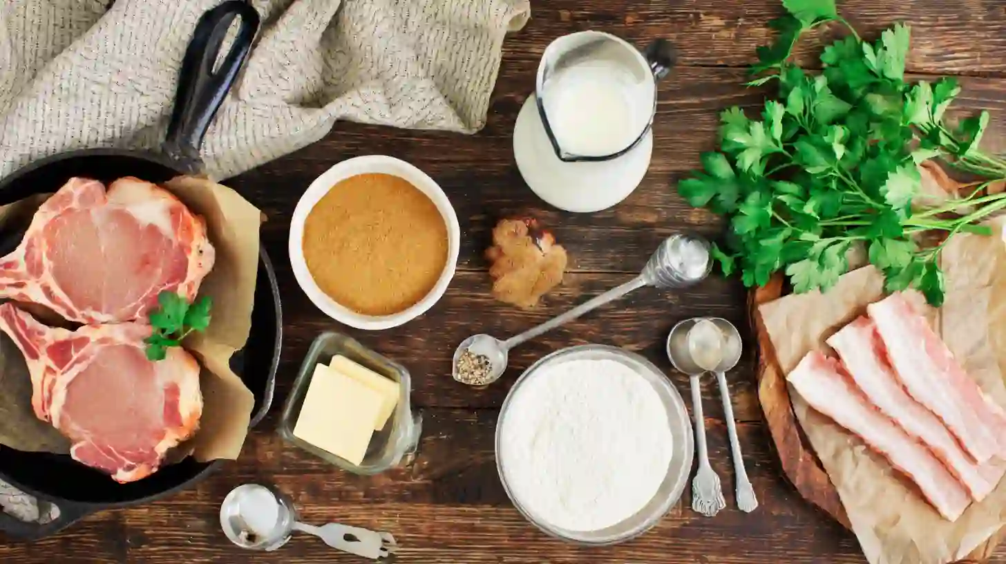 country-fried-pork-chops-with-bacon-gravy-ingredients-Image ingredients for country fried pork chops with bacon gravy – easy southern dinner recipe prep
