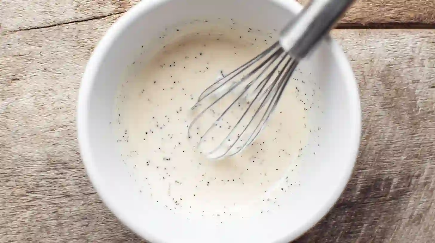 cranberry-pecan-chicken-salad-step2-whisk-dressing Heart-healthy salad dressing for cranberry pecan chicken salad – creamy mayo, milk, apple cider vinegar, sugar, and poppy seeds whisked smooth