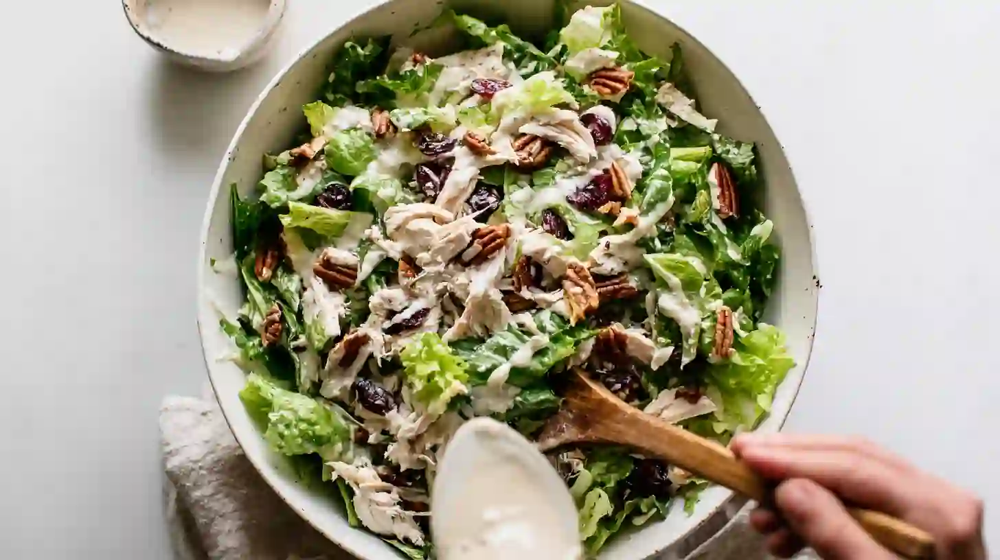 cranberry-pecan-chicken-salad-step3-toss-with-dressing Cranberry pecan chicken salad tossed with creamy poppy seed dressing – healthy clean eating salad recipe for families