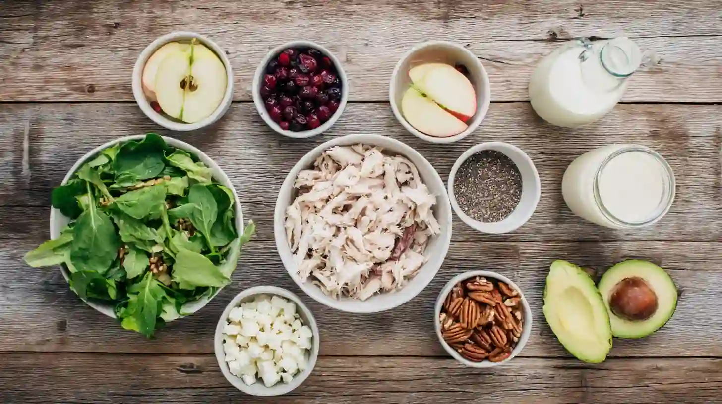 cranberry-pecan-chicken-salad-with-poppy-seed-dressing-ingredients-Image Ingredients for cranberry pecan chicken salad with poppy seed dressing – chicken, greens, cranberries, pecans, and dressing essentials