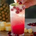 Holiday mocktail cranberry pineapple fizz garnished with mint, lime, and frozen cranberries in a tall glass