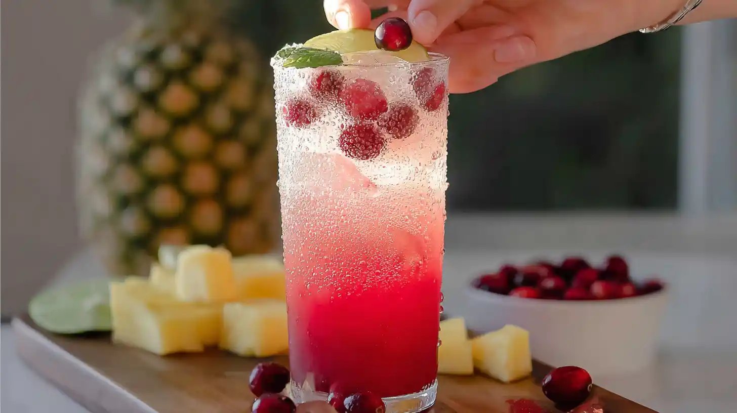 cranberry-pineapple-fizz-mocktail-garnish Holiday mocktail cranberry pineapple fizz garnished with mint, lime, and frozen cranberries in a tall glass