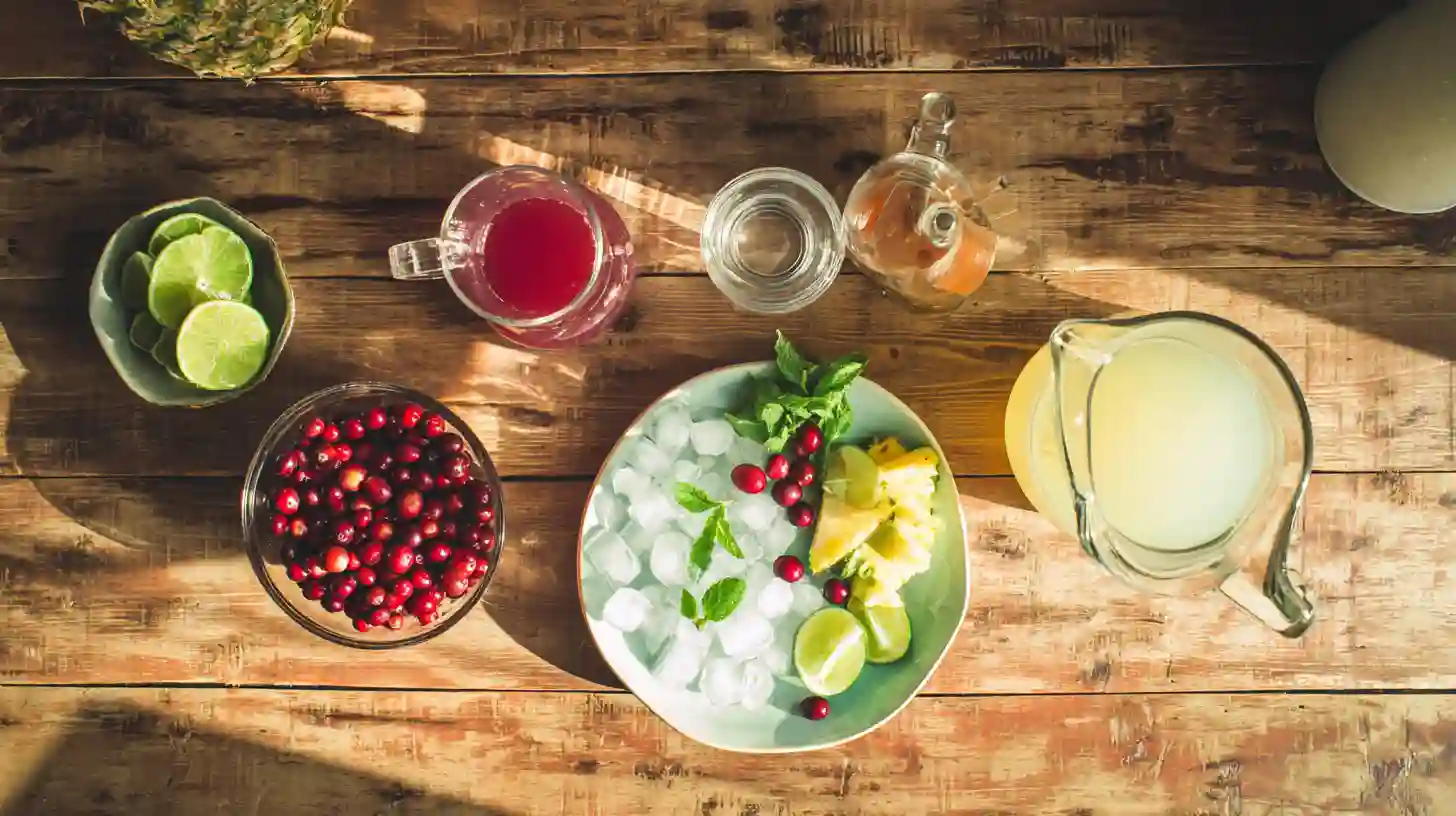 cranberry-pineapple-fizz-recipe-ingredients-image Ingredients for cranberry pineapple fizz recipe – cranberry juice, pineapple juice, lime, and ginger ale mocktail setup