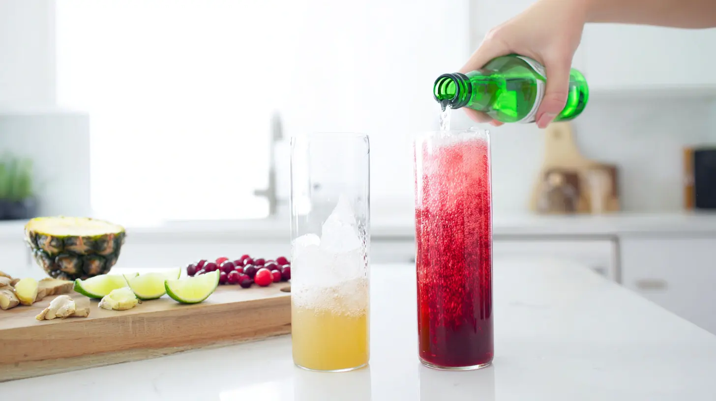 cranberry-pineapple-fizz-top-with-ginger-ale Pouring chilled ginger ale into cranberry pineapple juice for fizzy holiday mocktails and easy homemade fruit juice blends