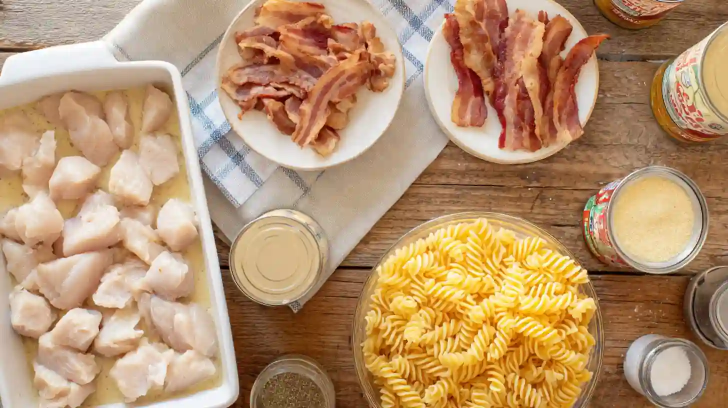 crazy-good-casserole-ingredients-Image Crazy Good Casserole ingredients – chicken, bacon, cheese, pasta, cream of chicken soup