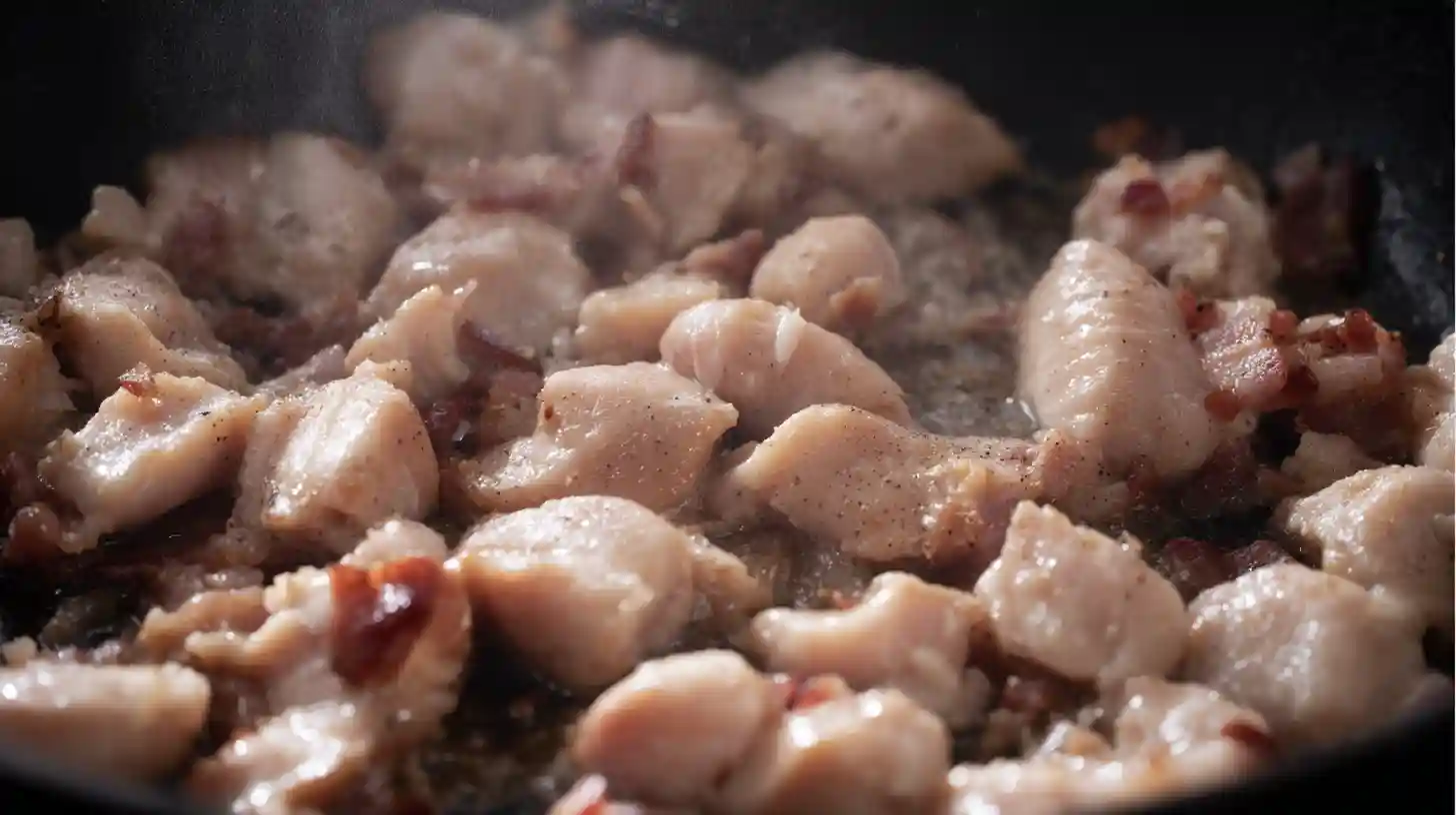 crazy-good-casserole-step2-cook-chicken Crazy Good Casserole recipe step 2 – cooking chicken in bacon drippings with garlic powder, salt, and pepper