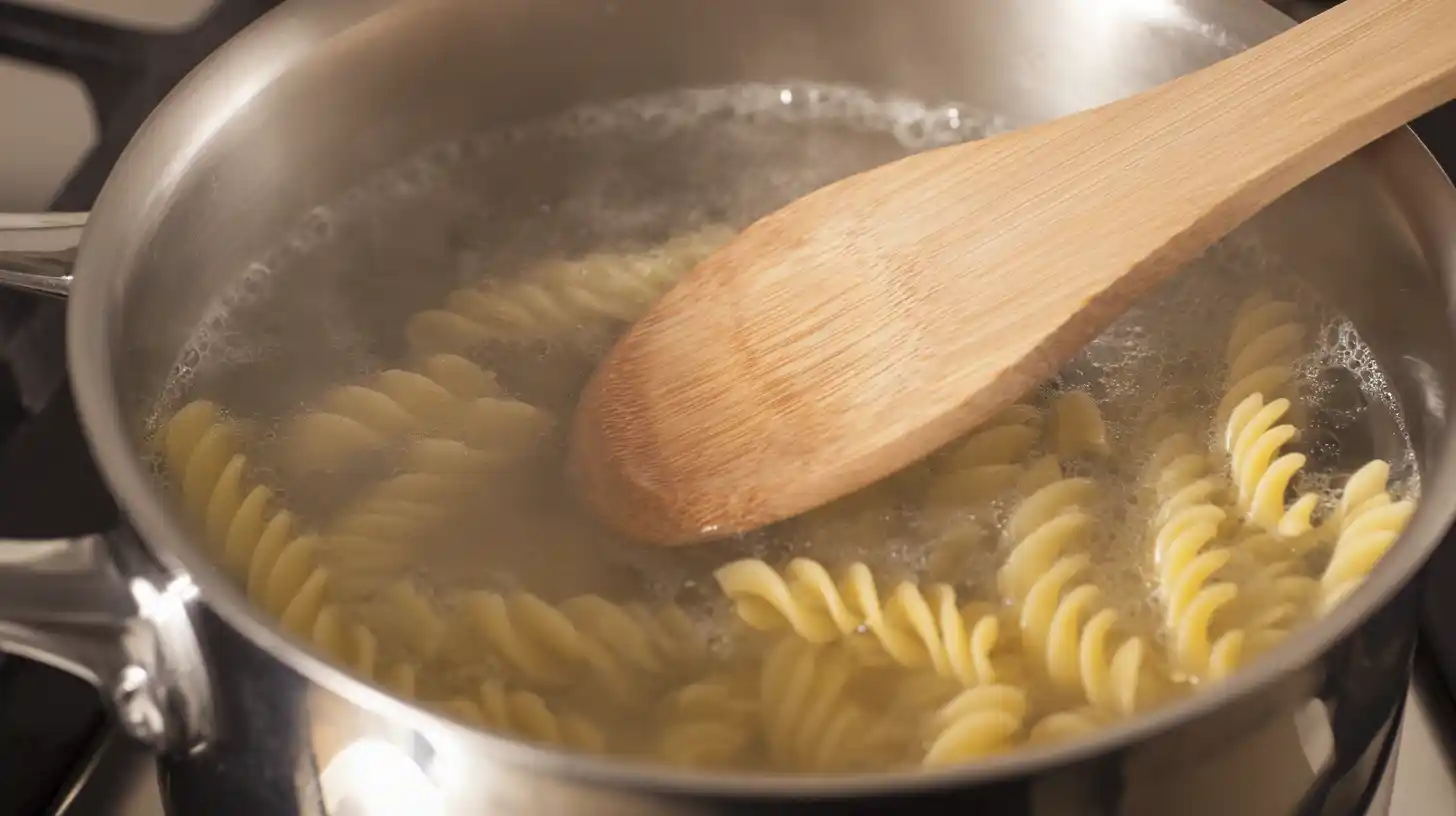 crazy-good-casserole-step3-boil-pasta Crazy Good Casserole recipe step 3 – boiling spiral pasta until al dente for cheesy chicken casserole