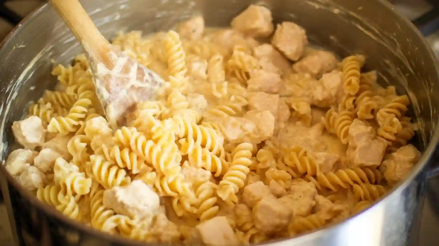 crazy-good-casserole-step4-mix Crazy Good Casserole recipe step 4 – mixing pasta, chicken, cream of chicken soup, and cheese into creamy base