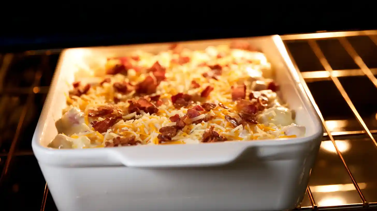 crazy-good-casserole-step5-bake Crazy Good Casserole recipe step 5 – baking casserole topped with bacon and cheese until golden and bubbling