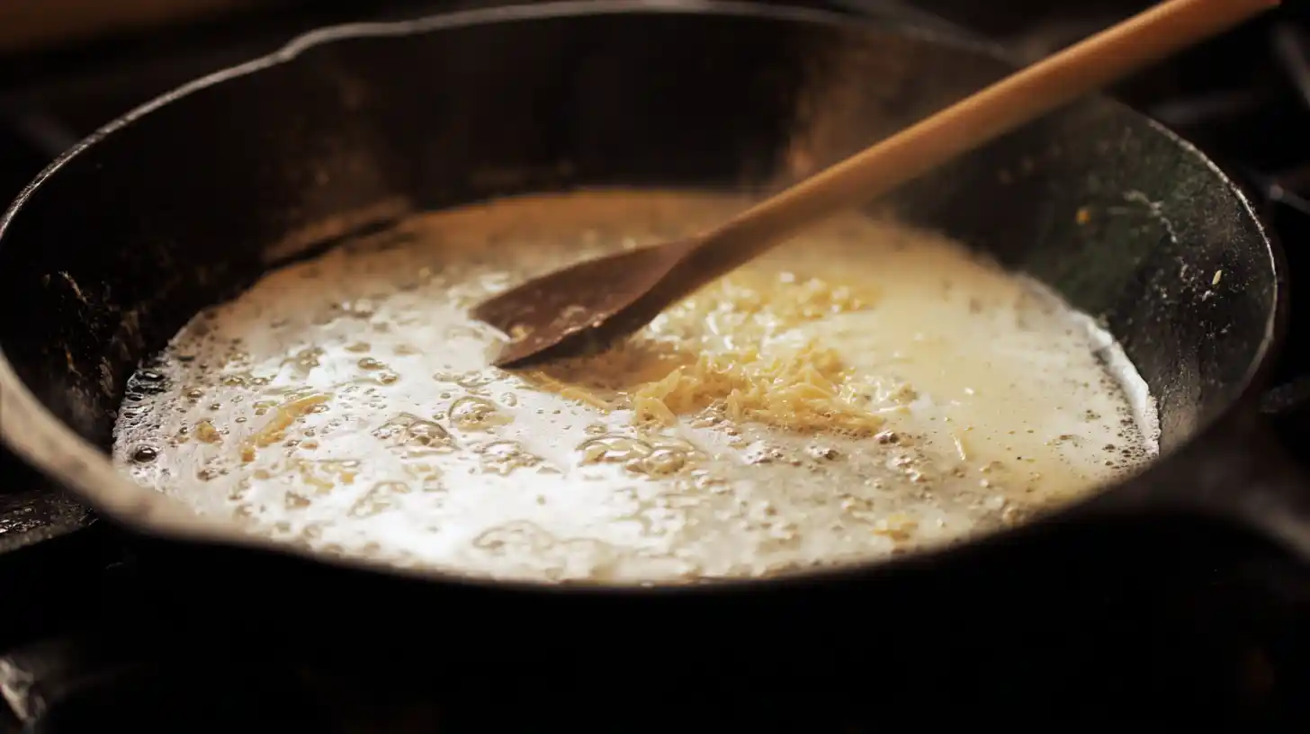 creamy-garlic-sauce-steak-bites-pasta Creamy garlic cheese sauce simmering in skillet for cheesy garlic steak bites and creamy linguine, creamy pasta recipes for families