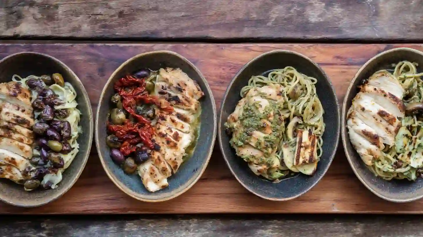 creative-variations-loaded-herb-grilled-chicken-creamy-pesto-pasta Creative variations of loaded herb grilled chicken with creamy pesto pasta including Mediterranean, spicy, low-carb keto, and vegetarian options—healthy grilled chicken recipes and easy weeknight chicken dinners