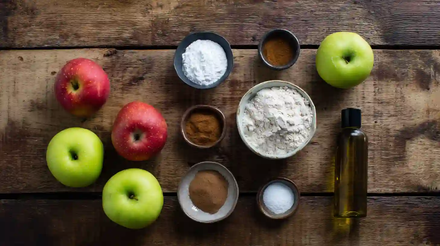 crispy-air-fryer-apple-fries-ingredients-Image Ingredients for Crispy Air Fryer Apple Fries recipe – apples, flour, cinnamon, nutmeg, powdered sugar, and cooking spray