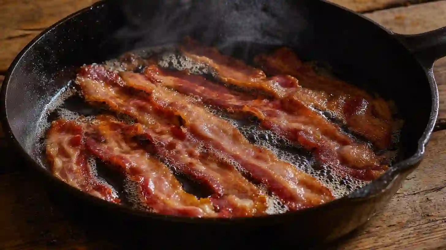 crispy-bacon-baked-potato-chicken-broccoli-casserole-step3 Crispy bacon cooking in a cast-iron skillet for baked potato chicken and broccoli casserole – savory family dinner recipe